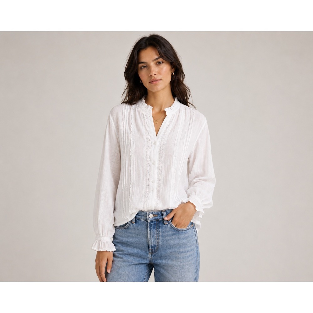 Versona Blouse Women XL White Lace Ruffle Boho Cottagecore Peasant Top